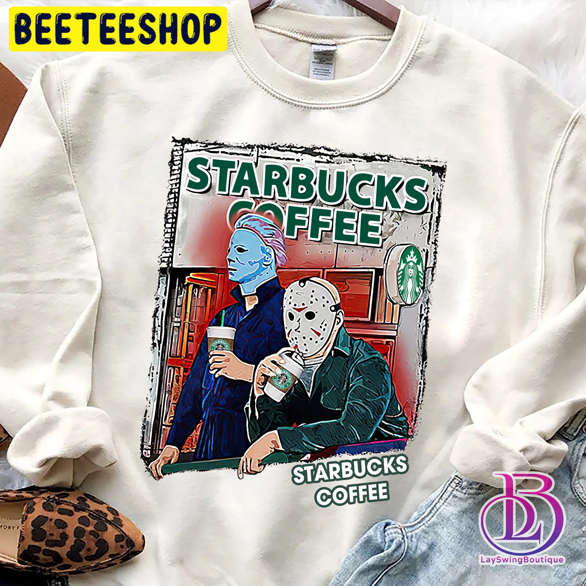 Michael Myers Jason Voorhees Drinking Starbucks Coffee Halloween Trending Unisex Shirt