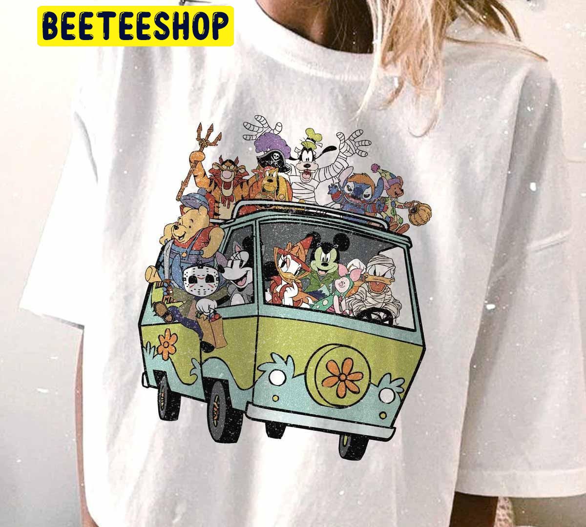 Mickey And Friends On Hippi Car Halloween Trending Unisex Shirt