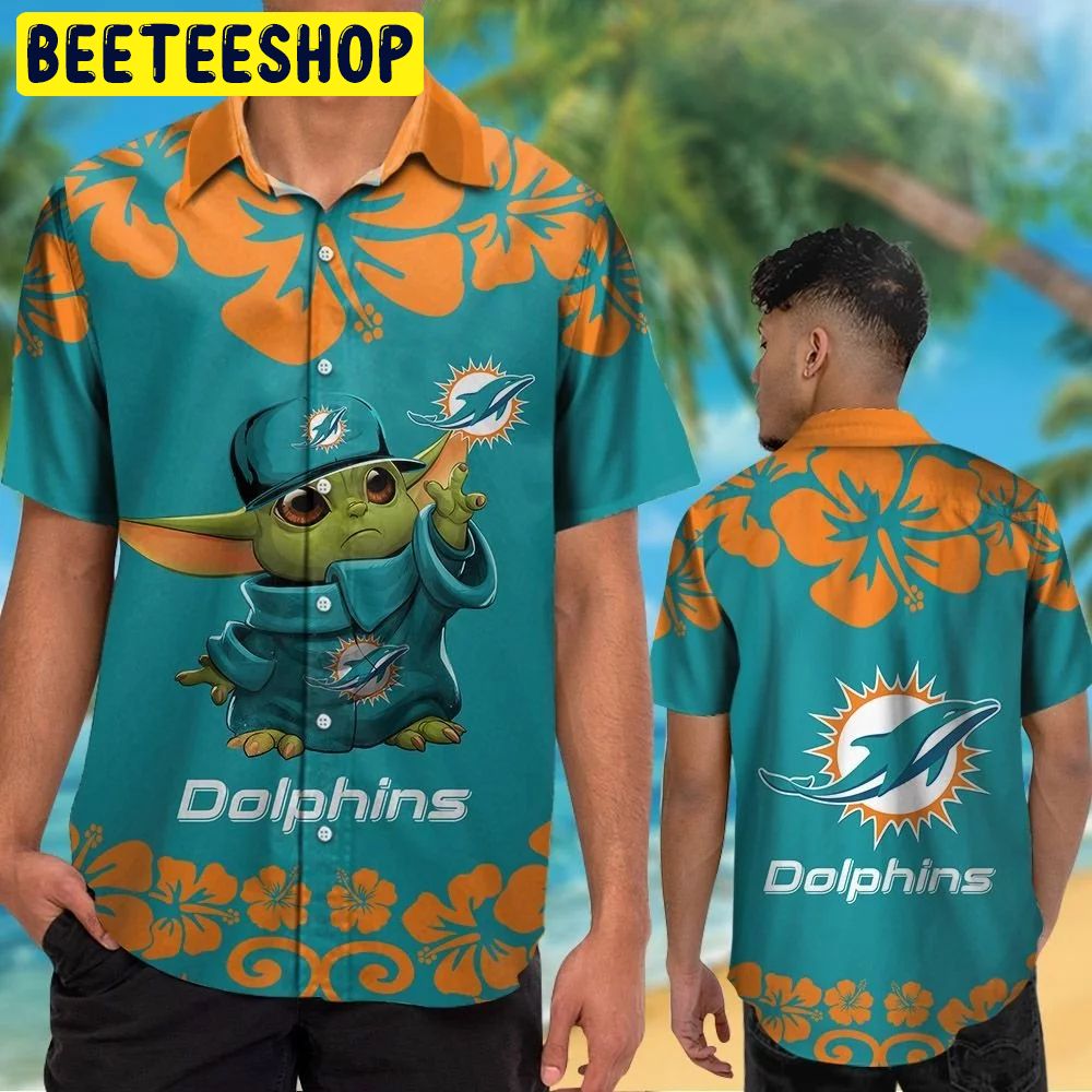 NFL Miami Dolphins Baby Yoda Short Sleeve Button Up Tropical Aloha Hawaiian Shirt