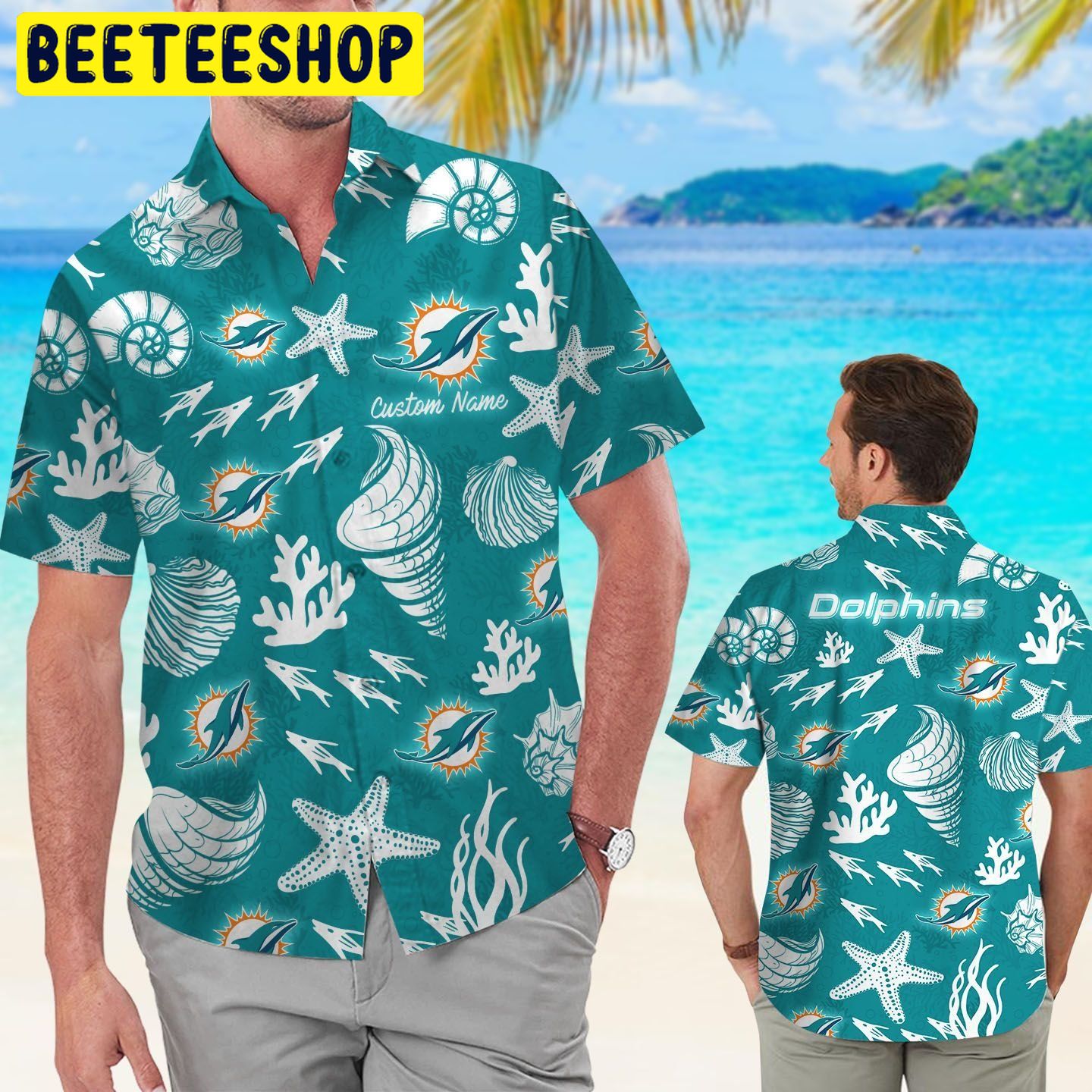 NFL Miami Dolphins Custom Name Short Sleeve Button Up Tropical Aloha Hawaiian Shirt