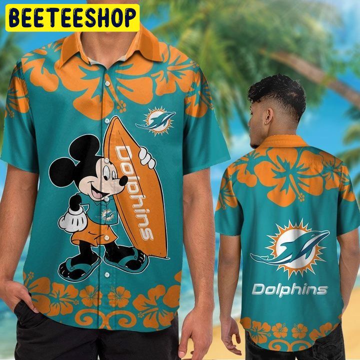 NFL Miami Dolphins Mickey Mouse Button Up Tropical Aloha Hawaiian Shirt