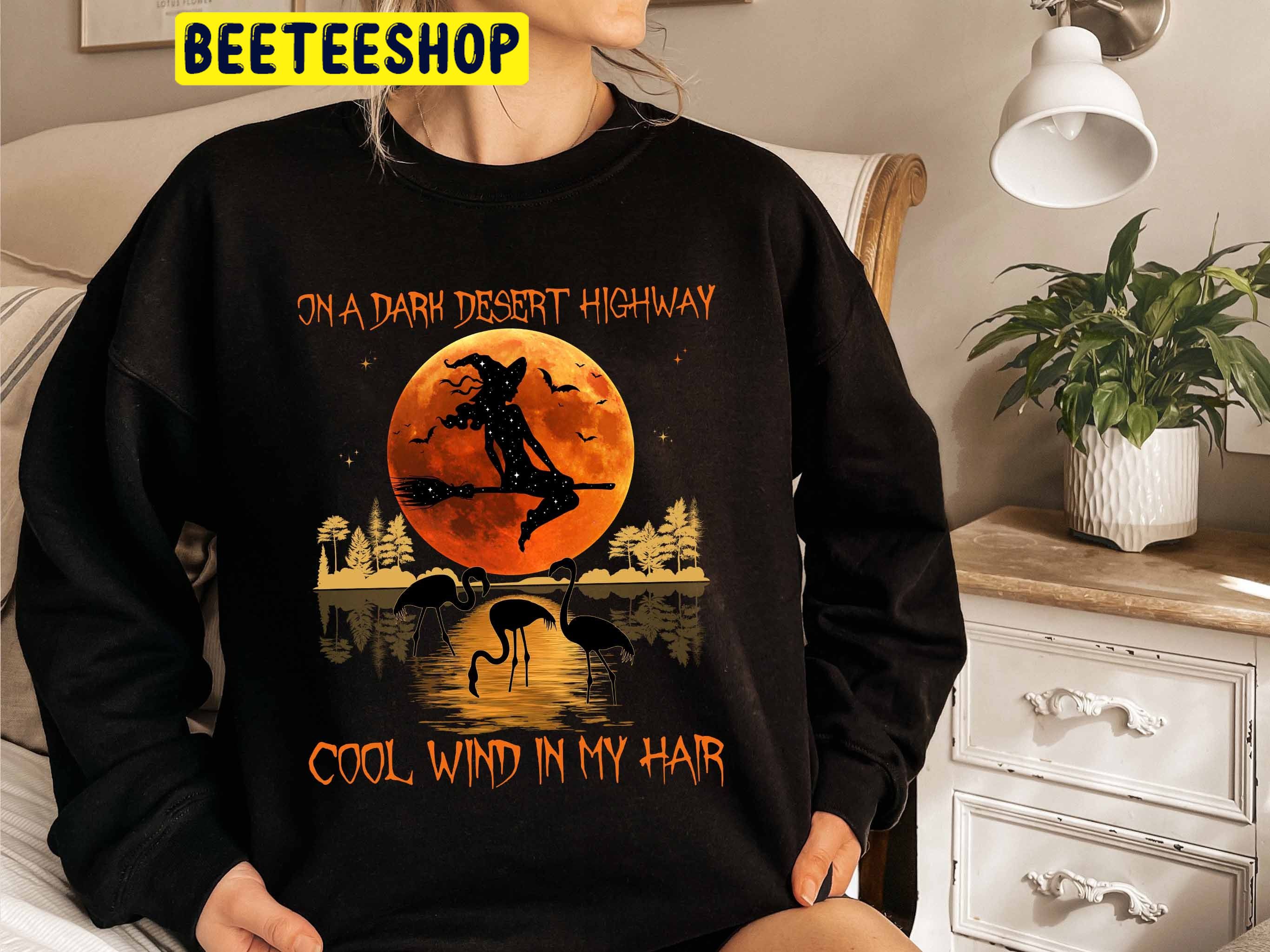 On A Dark Desert Highway Cool Wind In My Hair Spooky Witch Flamingo Halloween Trending Unisex Shirt