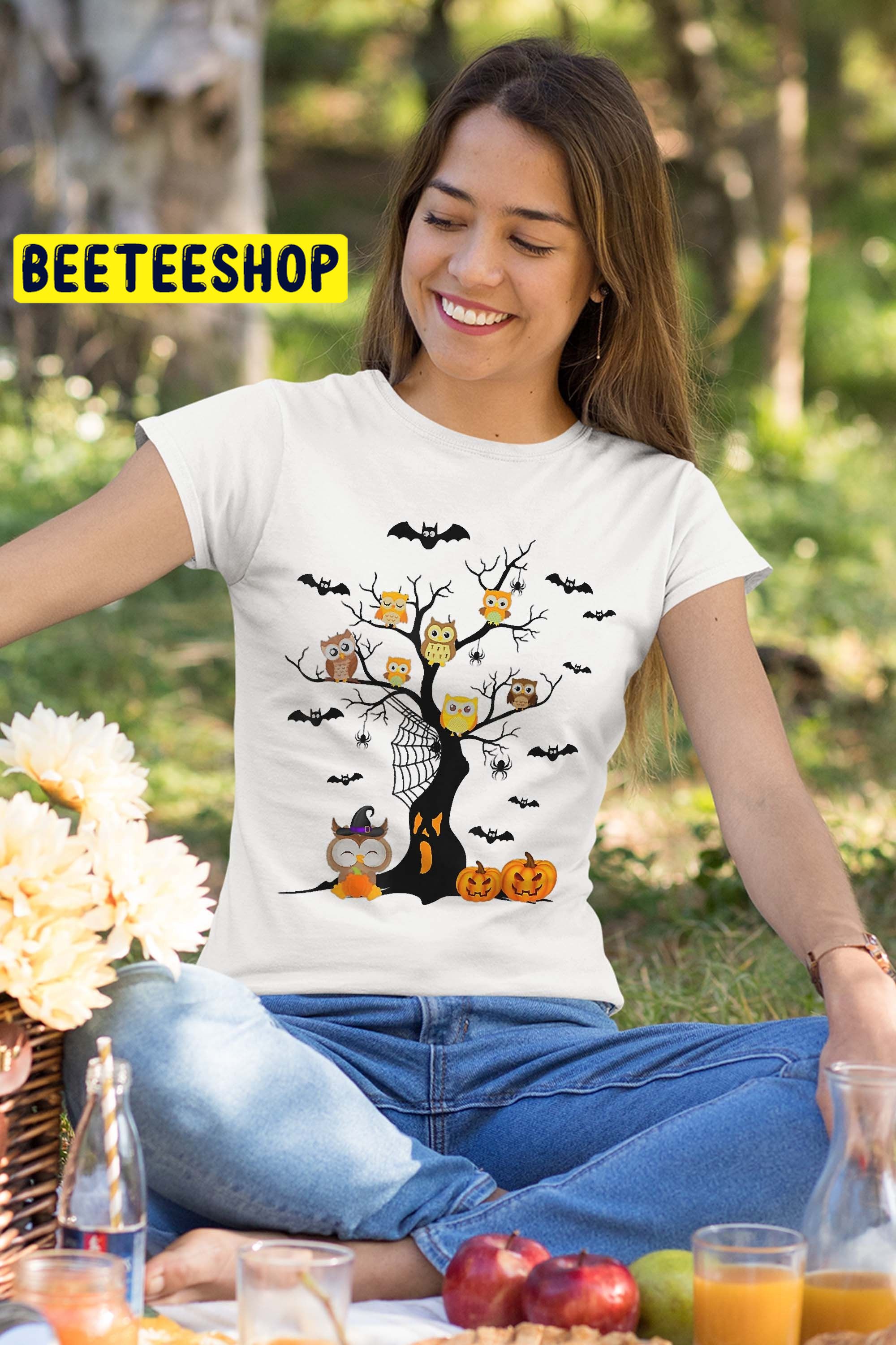 Owl With Pumpkin Tree Halloween Trending Unisex Shirt