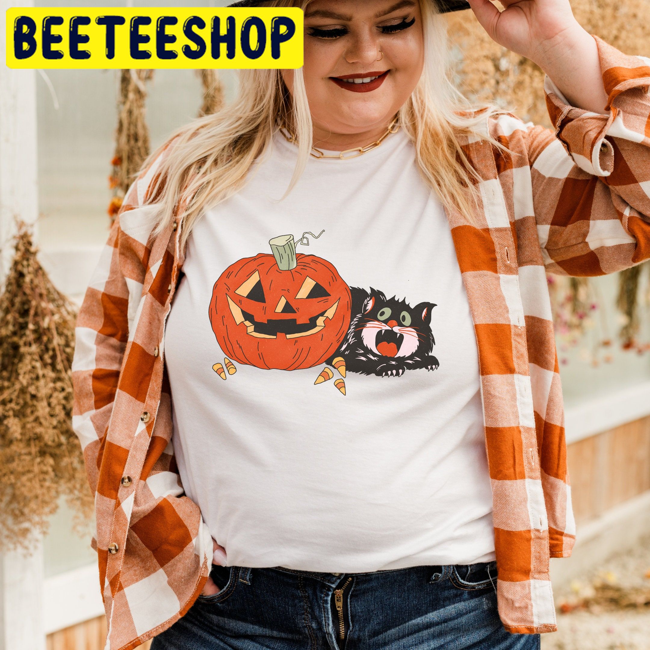 Pumpkin And Black Cat Halloween Trending Unisex Shirt