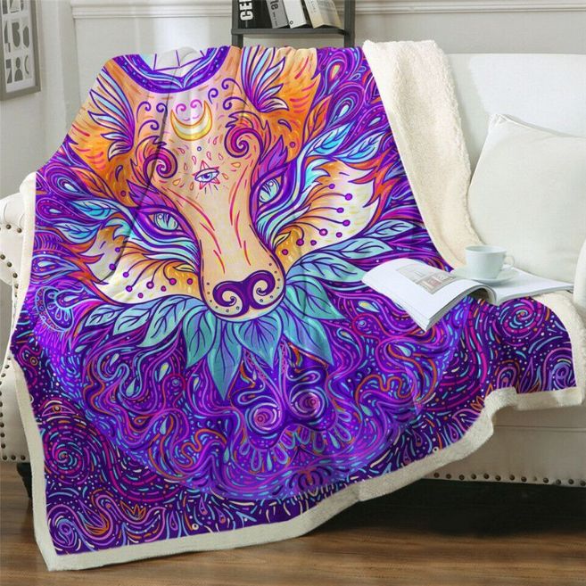 Purple Mandala Fox Animal Wild Comfy Sofa Throw Blanket