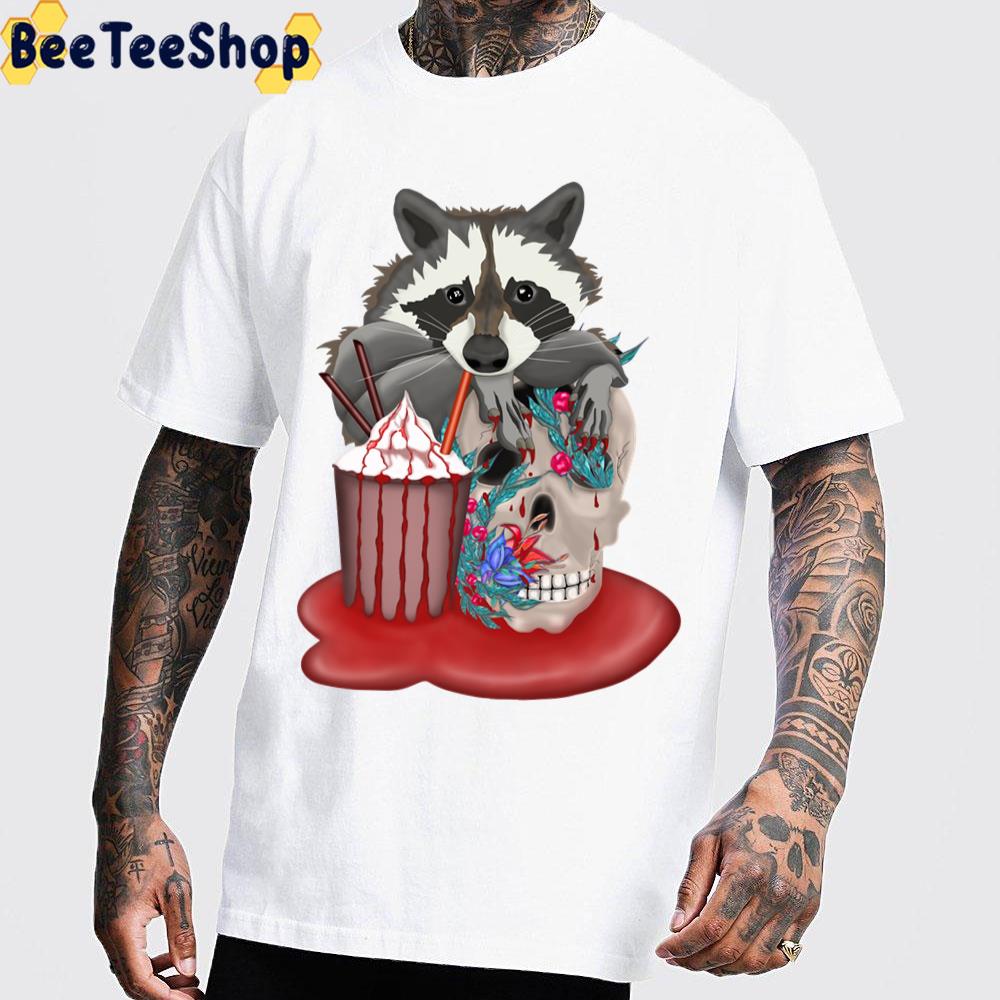 Raccoon Drinks Cocktail With Skull Halloween Trending Unisex T-Shirt