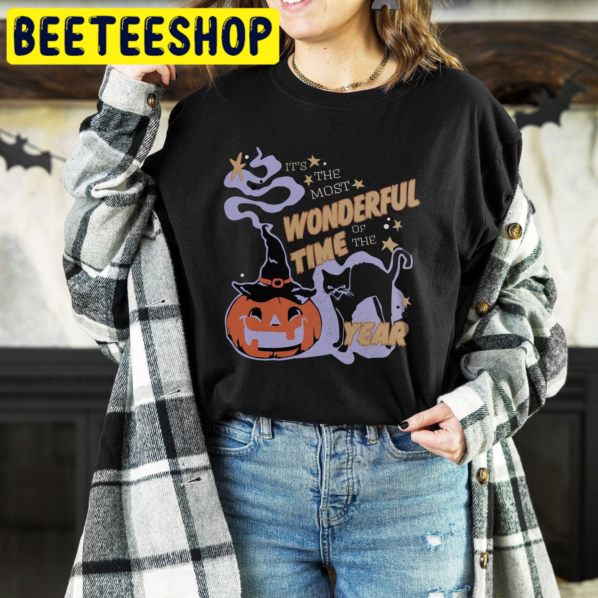 Retro It’s The Most Wonderful Time Of The Year Black Cat Pumpkin Halloween Trending Unisex Shirt