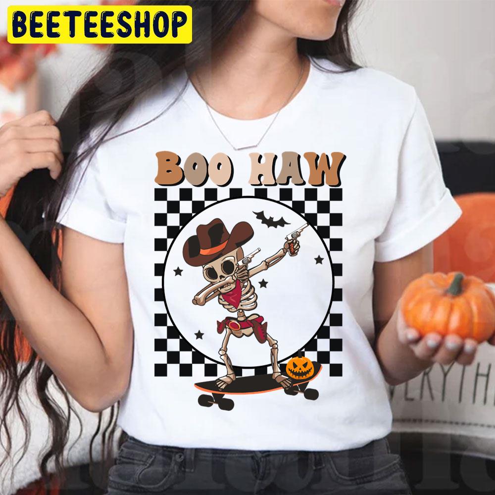 Retro Skeleton Skateboarding Boo Haw Halloween Trending Unisex T-Shirt