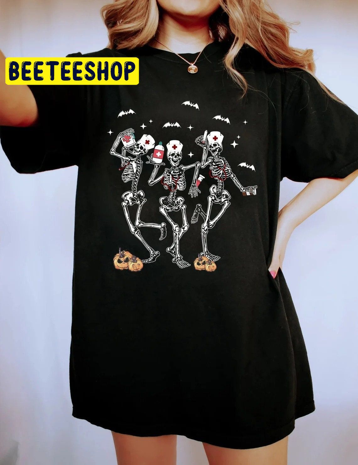 Retro Vintage Skeleton Nurse Halloween Trending Unisex Shirt