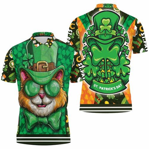 Saint Patricks Day Cat With Green Hat 3D All Over Print Polo Shirt