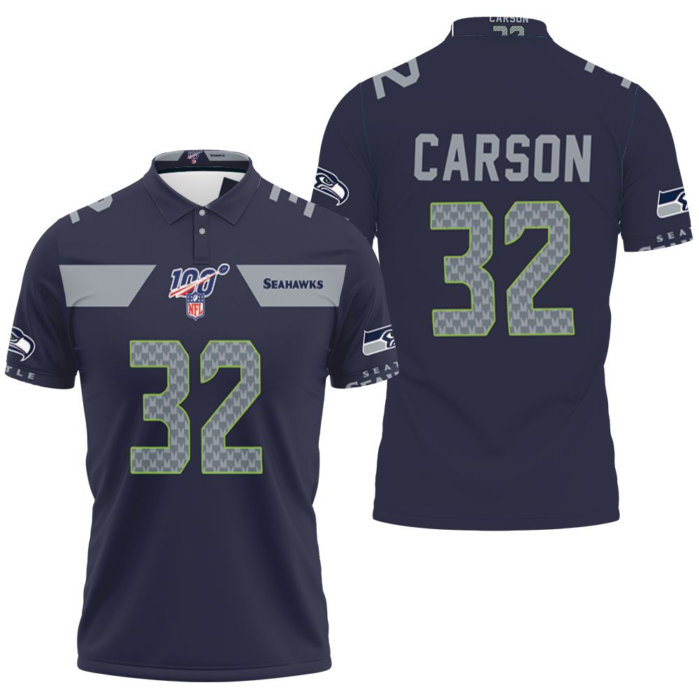 Seattle Seahawks Chris Carson #32 Nfl American Football Navy 100th Season Polo Shirt