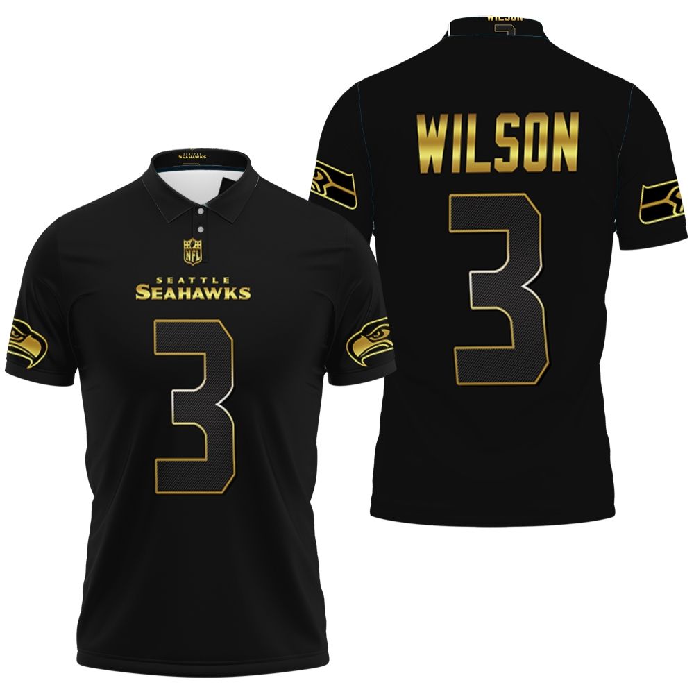 Seattle Seahawks Russell Wilson #3 Nfl American Football Team Black Golden Edition Polo Shirt