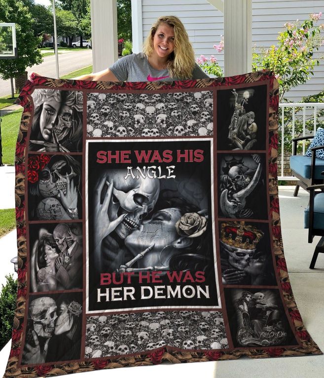 Skull Husband And Wife She Was His Angel Quilt Blanket Great Customized Gifts For Birthday Christmas Thanksgiving Wedding Valentine’s Day