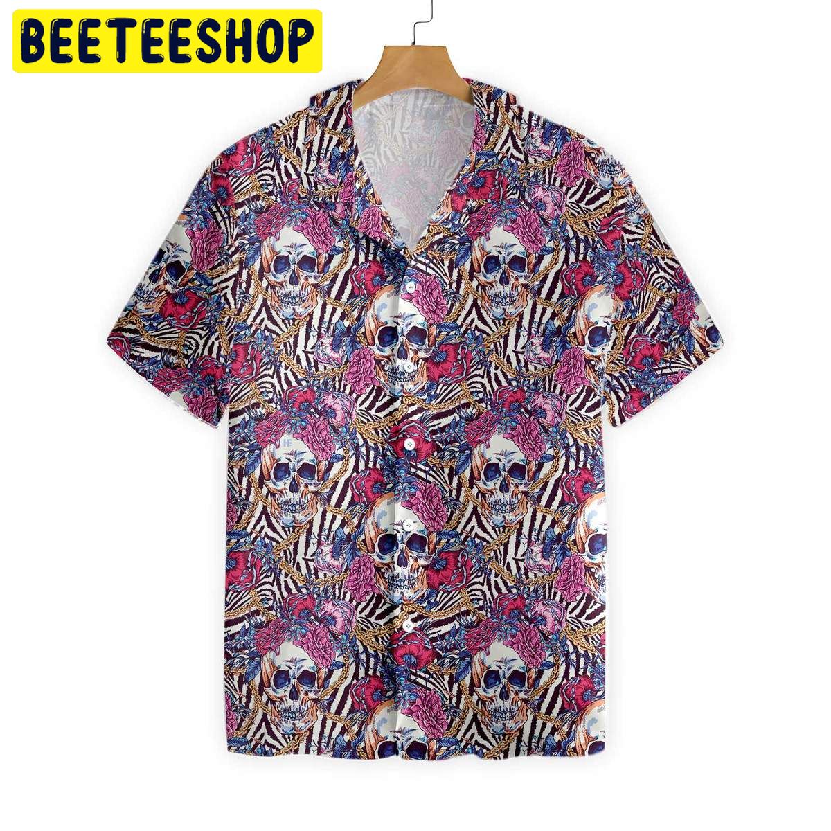 Skull With Roses On Zebra Background Trending Hawaiian Shirt