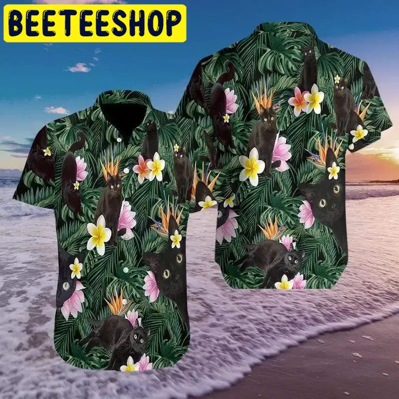 So Cute Black Cat Tropical Colorful Hawaiian Shirt