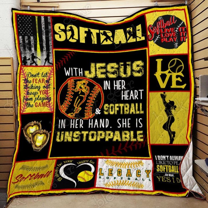 Softball With Jesus In Her Hear And Softball In Her Hand Quilt Blanket Great Customized Gifts For Birthday Christmas Thanksgiving Softball Lover