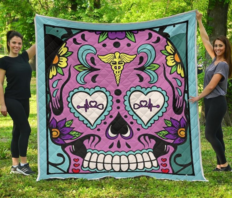 Sugar Skull Nurse Premium Quilt Blanket