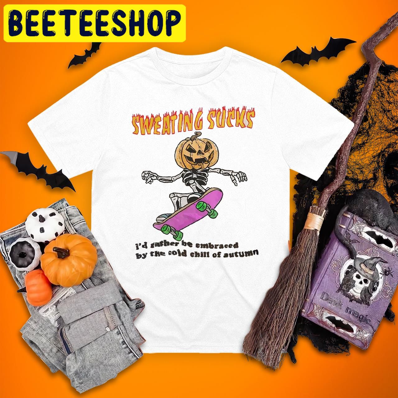 Sweating Sucks Skateboarding Skeleton Pumpkin Face Pumpkin Halloween Trending Unisex T-Shirt