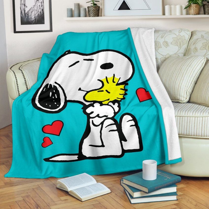 Turquoise Snoopy Hug Woodstock Fleece Blanket Throw Blanket