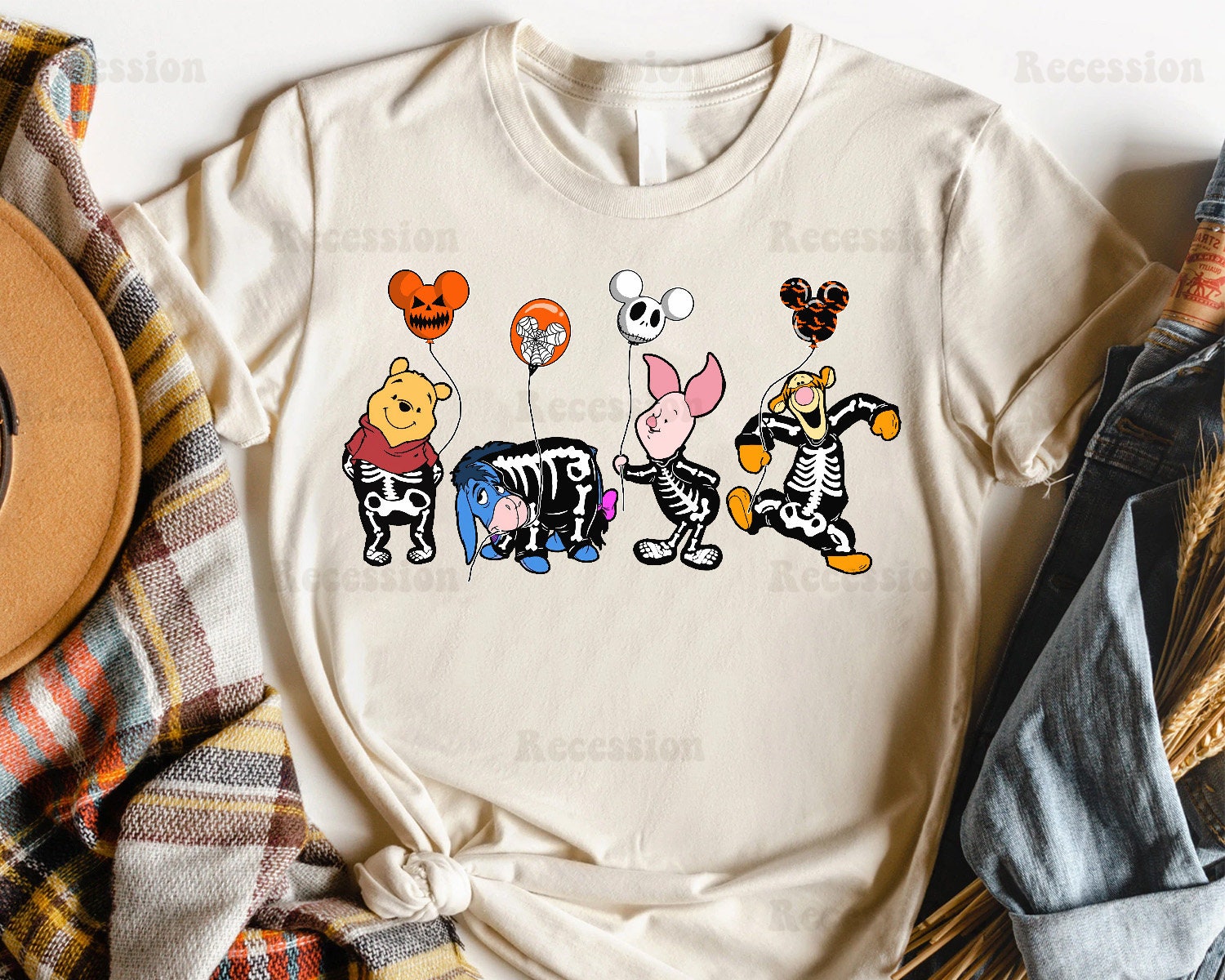 Winnie The Pooh Costume Skeleton Piglet Eeyore Tigger With Mickey Balloon Halloween Trending Unisex Shirt