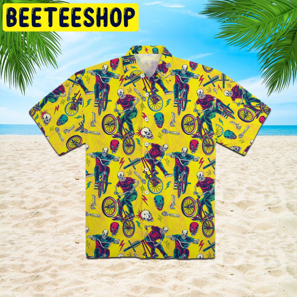 Yellow Skull Riding Bike Hawaiian Shirt