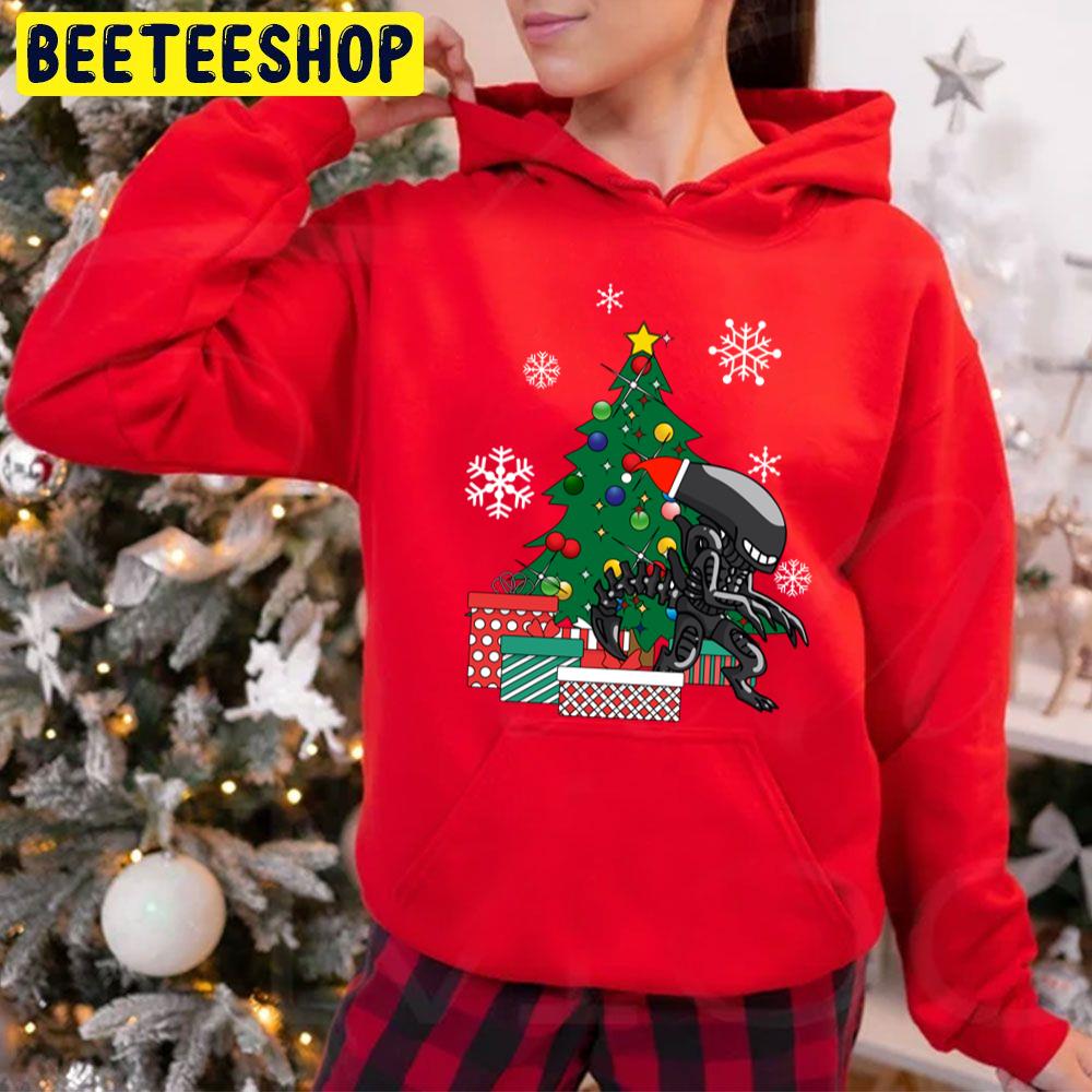 Alien Xenomorph Around The Christmas Tree Trending Unisex Hoodie