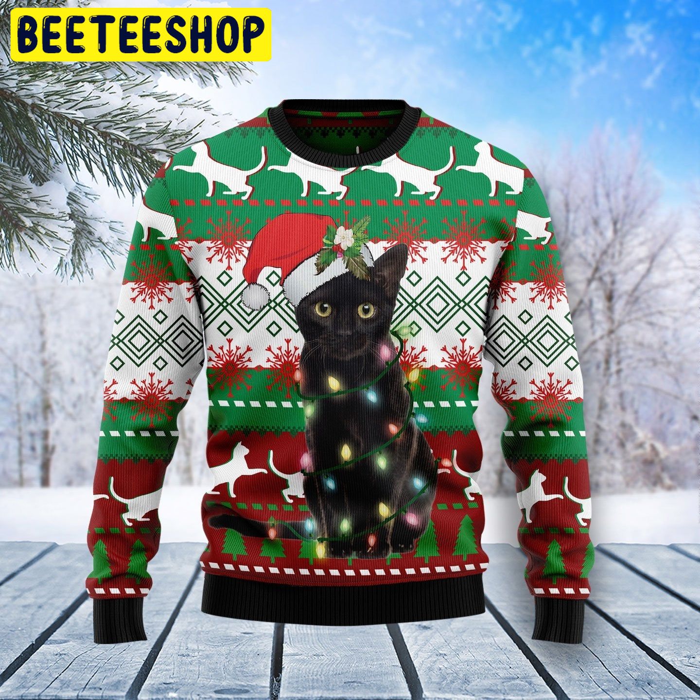 Black Cat Light Christmas Trending Ugly Christmas Sweatshirt