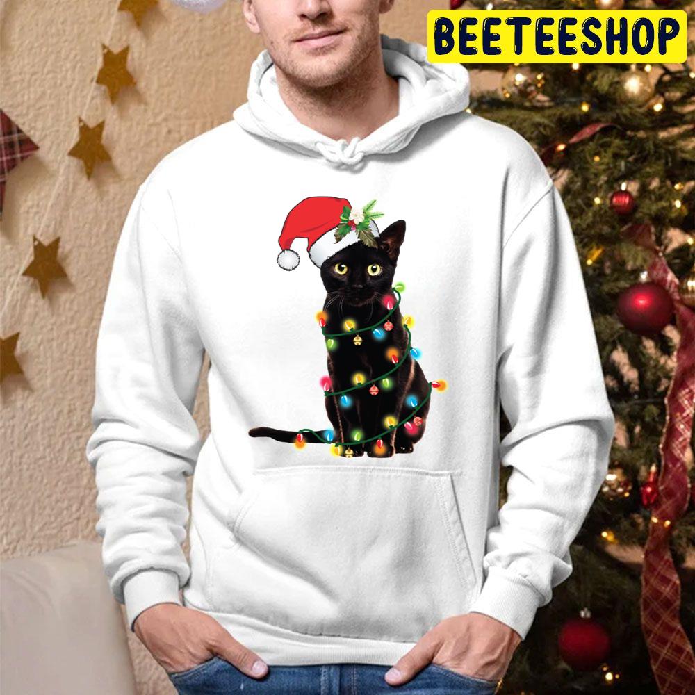 Black Santa Cat Tangled Up In Lights Christmas Santa Trending Unisex Hoodie