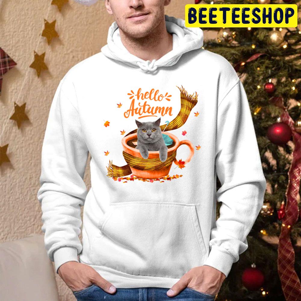 British Shorthair Cat Coffee Cup Hello Autumn Trending Unisex Hoodie