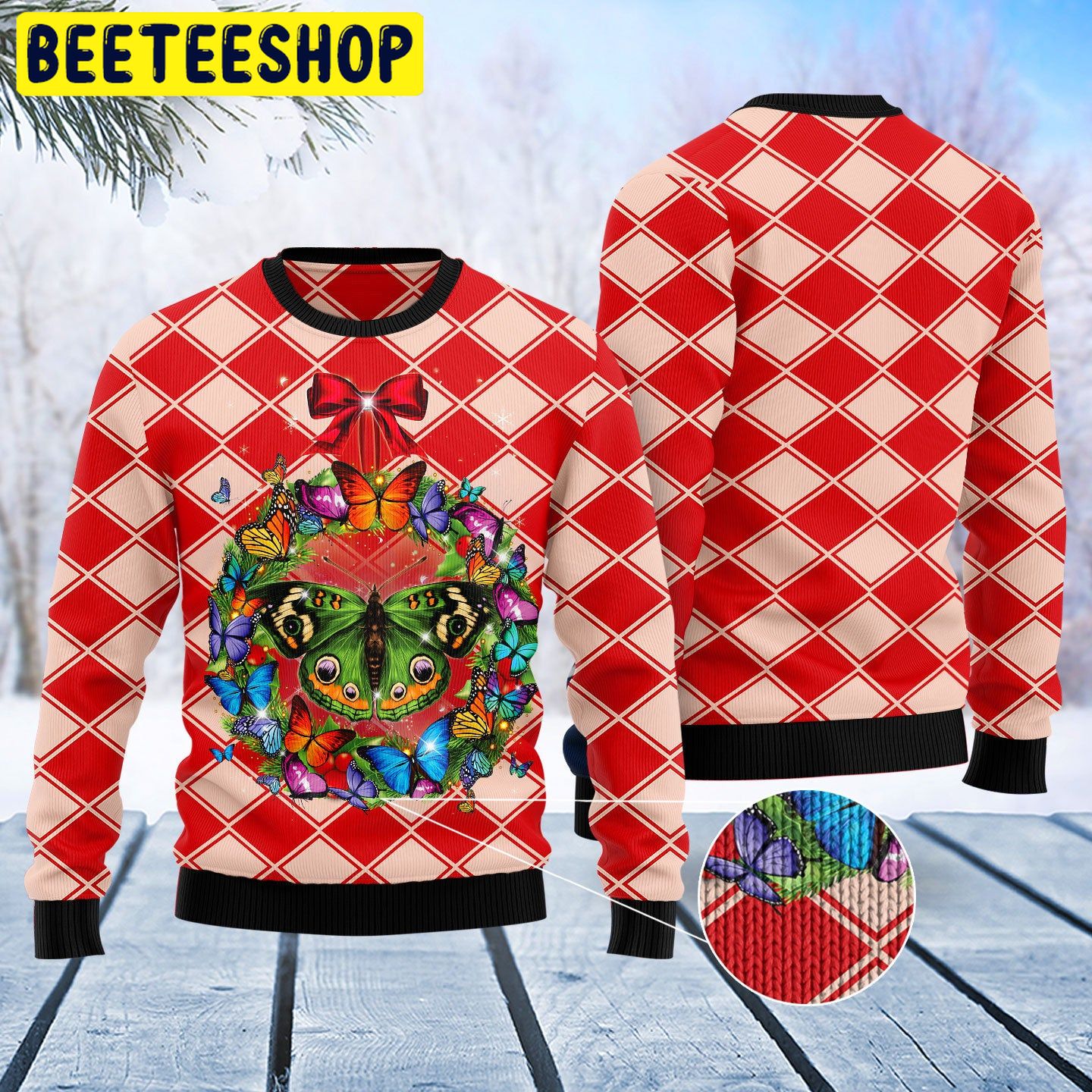 Butterfly Wreath Christmas Trending Ugly Christmas Sweatshirt –