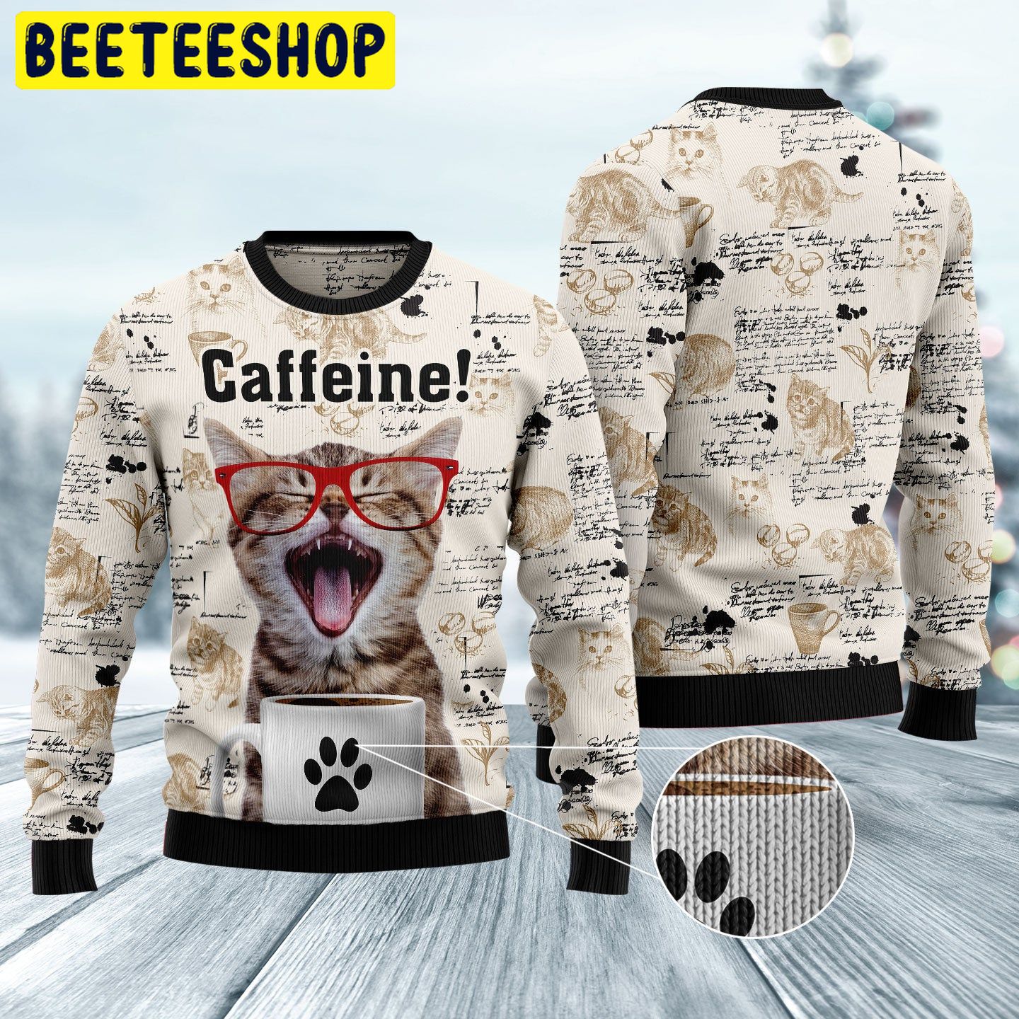 Caffeine Cat Trending Ugly Christmas Sweatshirt