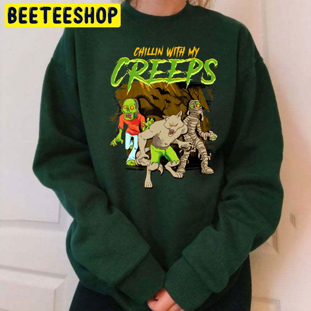 Chillin With My Creeps Halloween Zombie Werewolf Trending Unisex Sweatshirt