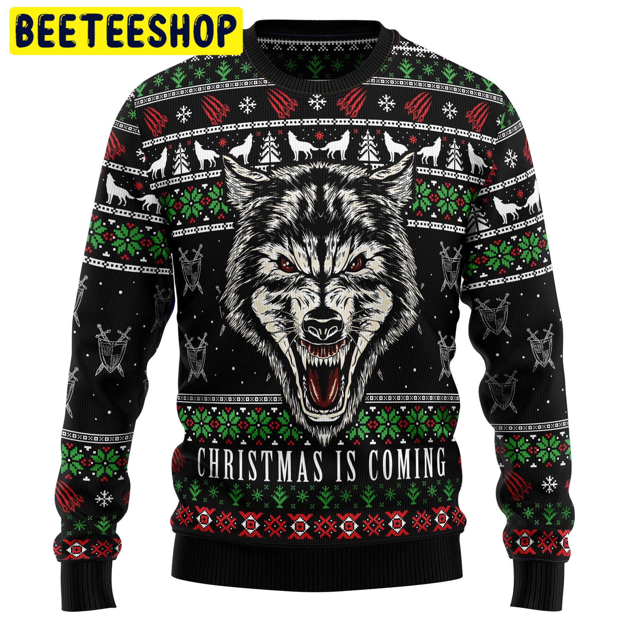 Christmas Is Coming Wolf Trending Ugly Christmas Sweatshirt