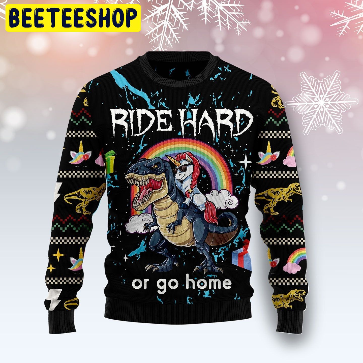 Dinosaur Unicorn Ride Hard Or Go Home Trending Ugly Christmas Sweatshirt