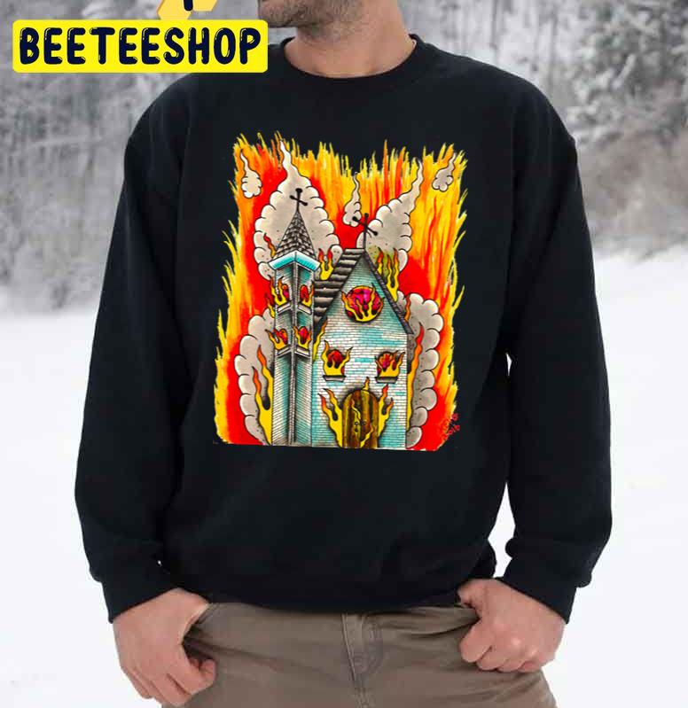 Flaming Church Art By Kev G Trending Unisex Sweatshirt