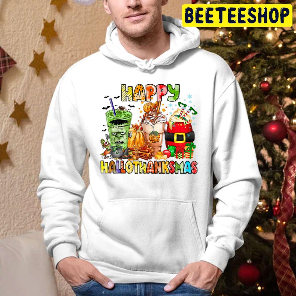 Frankenstein Pumpkin And Santa Happy Hallothanksmas Coffee Cups Trending Unisex Hoodie