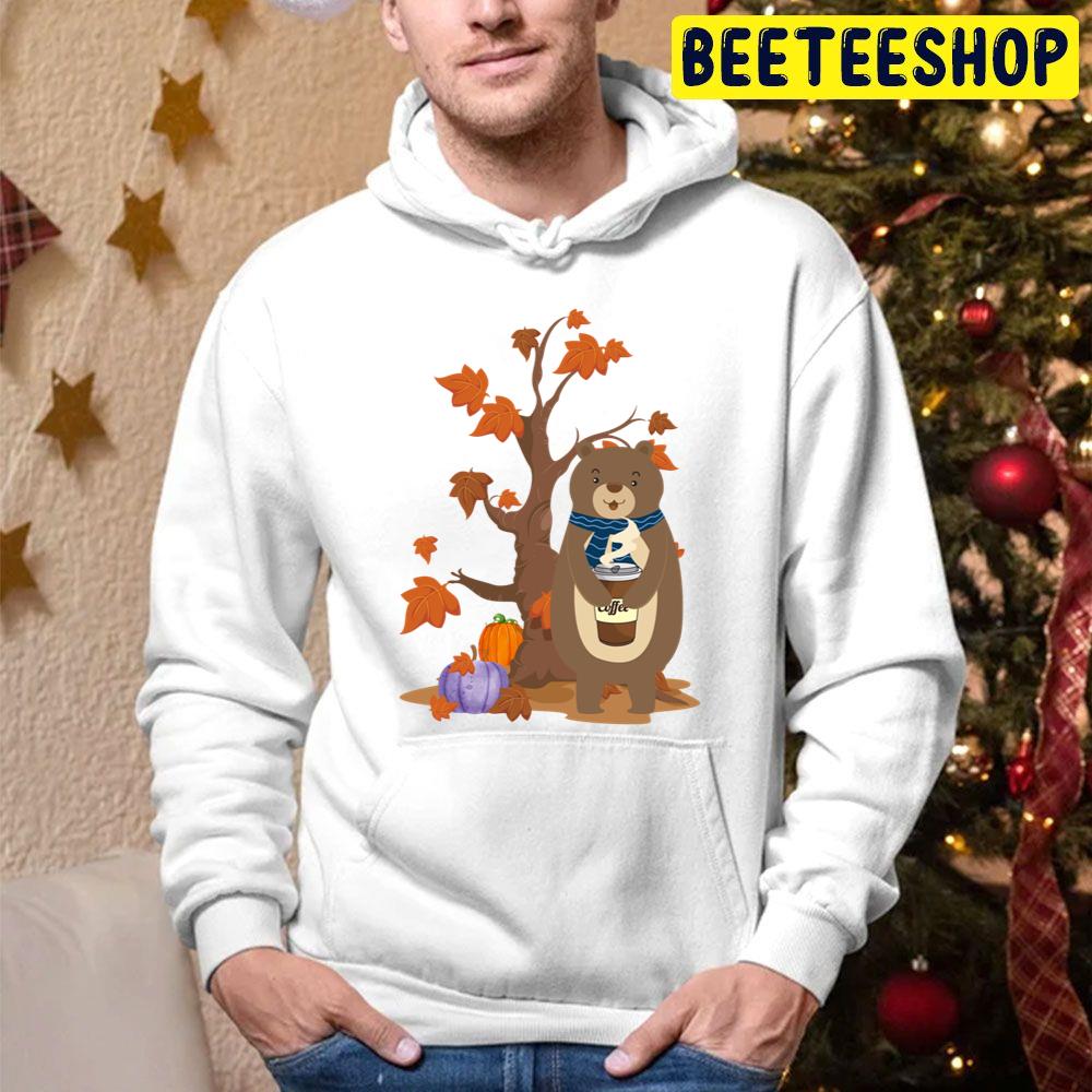 Funny Bear In Autumn With A Cup Of Hot Coffee Surrounded By Pumpkin And Fall Leaves Trending Unisex Hoodie