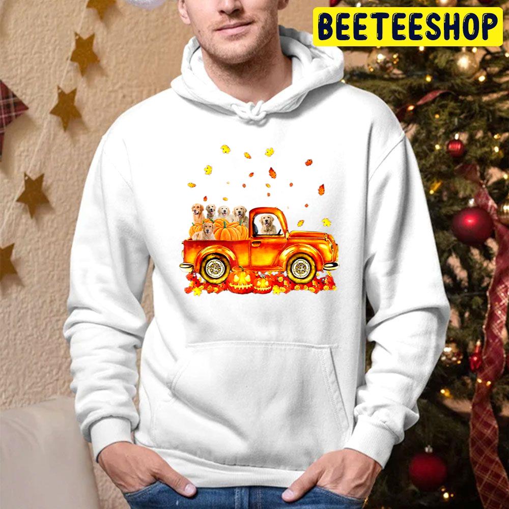 Golden Retriever Dog On Pumpkins Truck Autumn Halloween Trending Unisex Hoodie