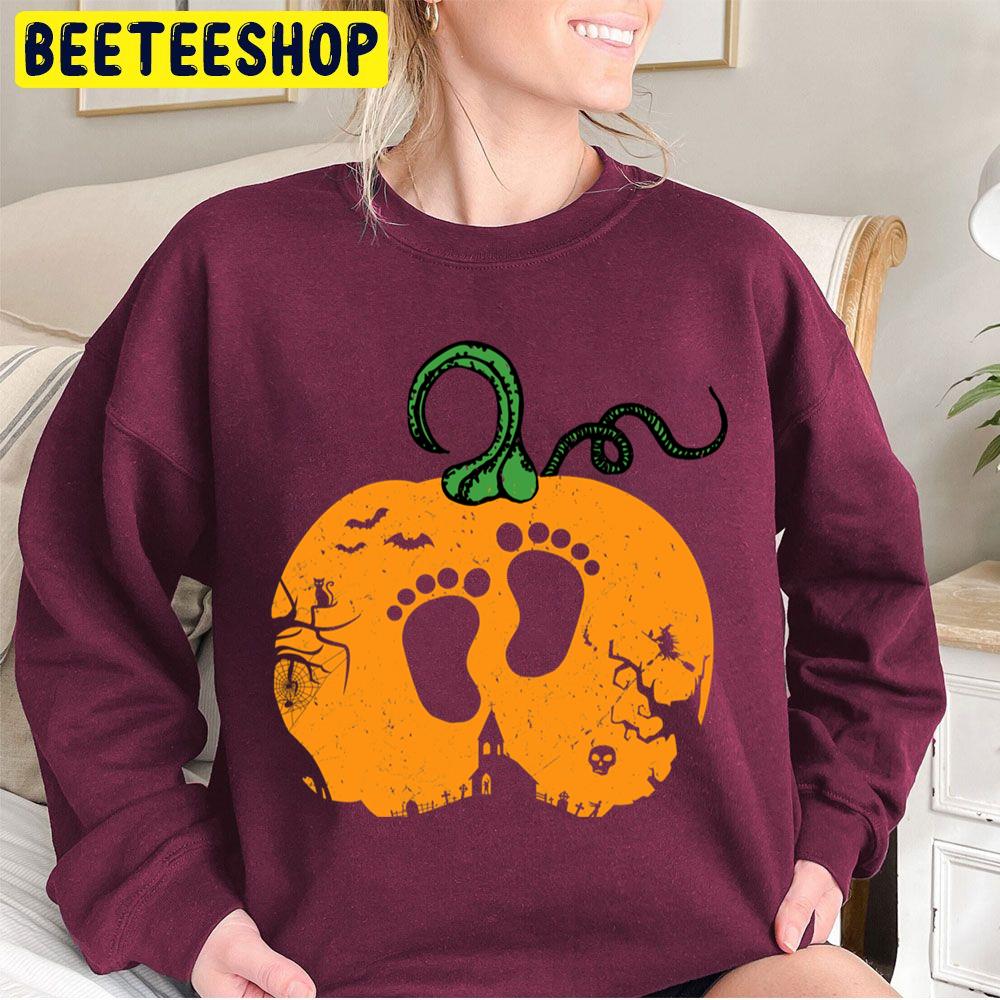 Halloween Pregnancy Announcement Maternity Pumpkin Baby Feet Fitted Scoop Trending Unisex Sweatshirt