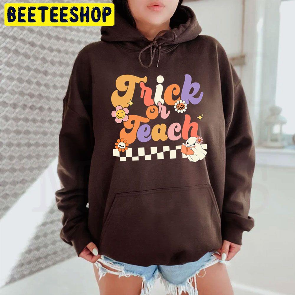 Halloween Trick Or Teach Retro Groovy Teacher Hippie Ghost Unisex Hoodie