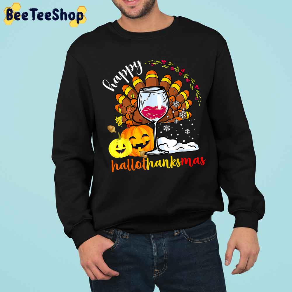 Happy Hallothankmas Wine Turkey And Pumpkin Trending Unisex Sweatshirt