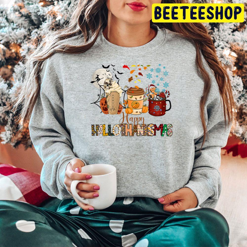 Happy Hallothanksmas Coffee Cups Halloween Christmas And Thanksgiving Fall Trending Unisex Hoodie