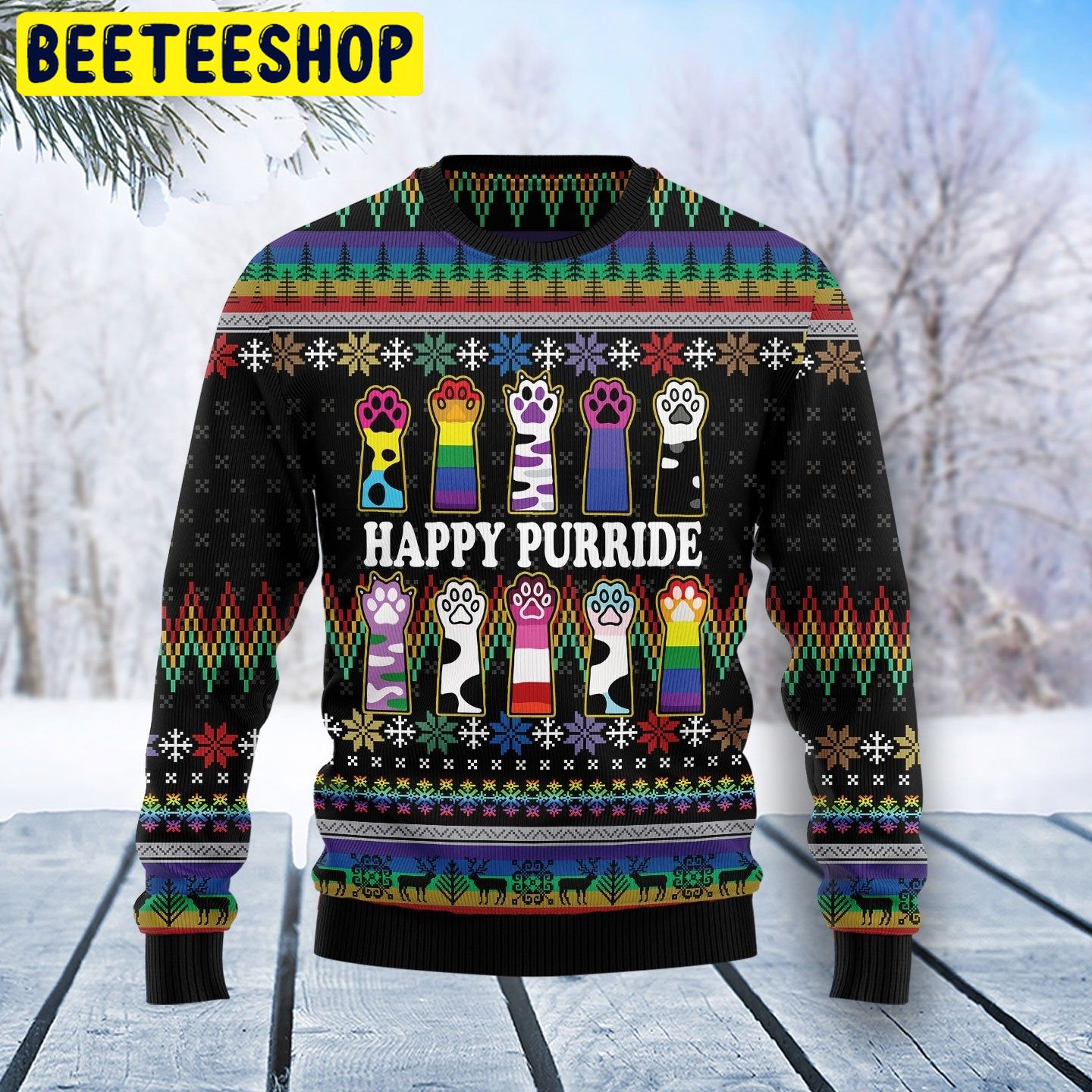 Happy Purride Lgbt Color Cat Trending Ugly Christmas Sweatshirt