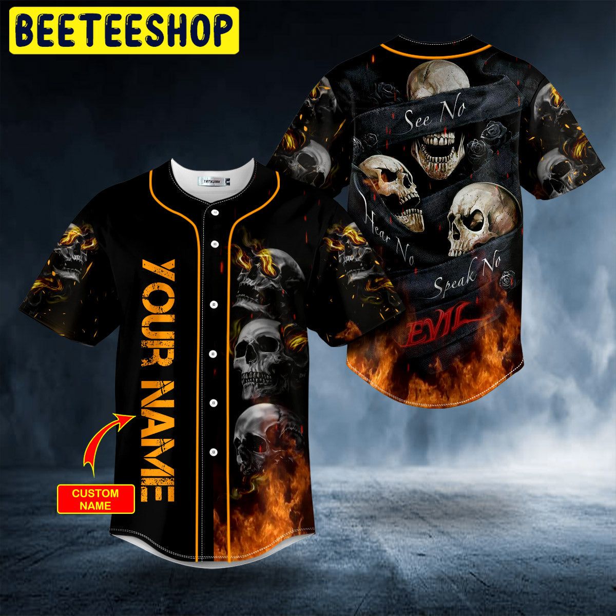 Hear No See No Speak No Evil Flame Skull Custom Trending Baseball Jersey