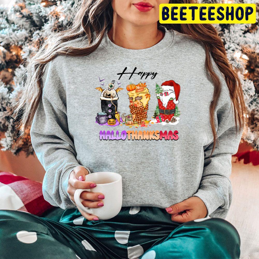 Holiday Mashup Fall Coffee Cup Scary Pumpkin And Santa Happy Hallothankmas Trending Unisex Hoodie