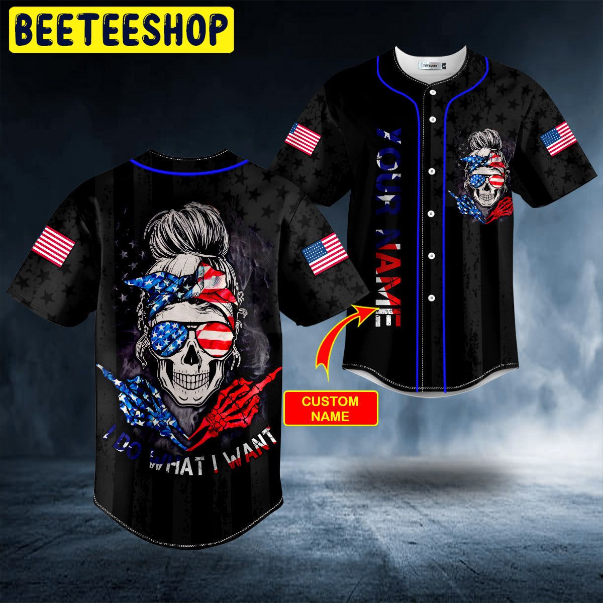 I Do What I Want American Flag Patriotist Messy Bun Skull Custom Trending Baseball Jersey