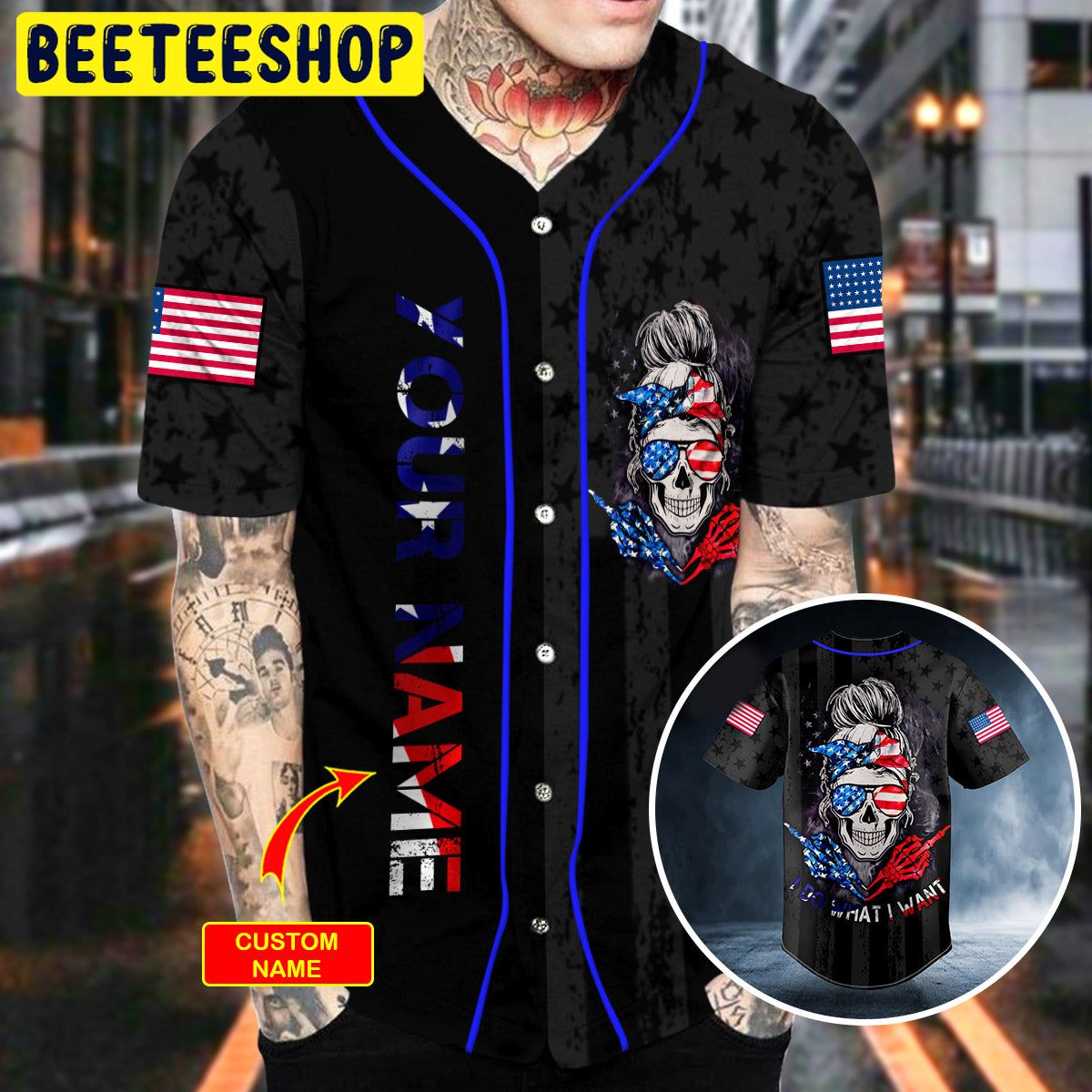 Custom Name I Do What I Want American Flag Patriotist Messy Bun Skull Baseball  Jersey For Men And Women Gift Halloween - Freedomdesign