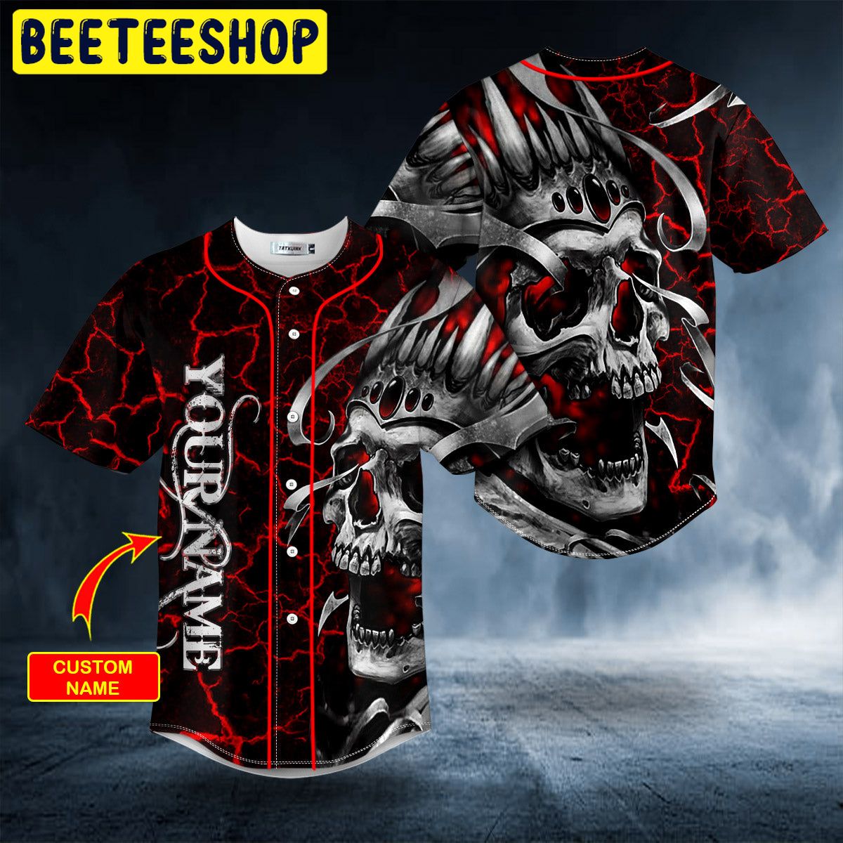 Black Red Dragon King Skull Custom Name All Over Print Baseball Jersey  Shirt - Banantees