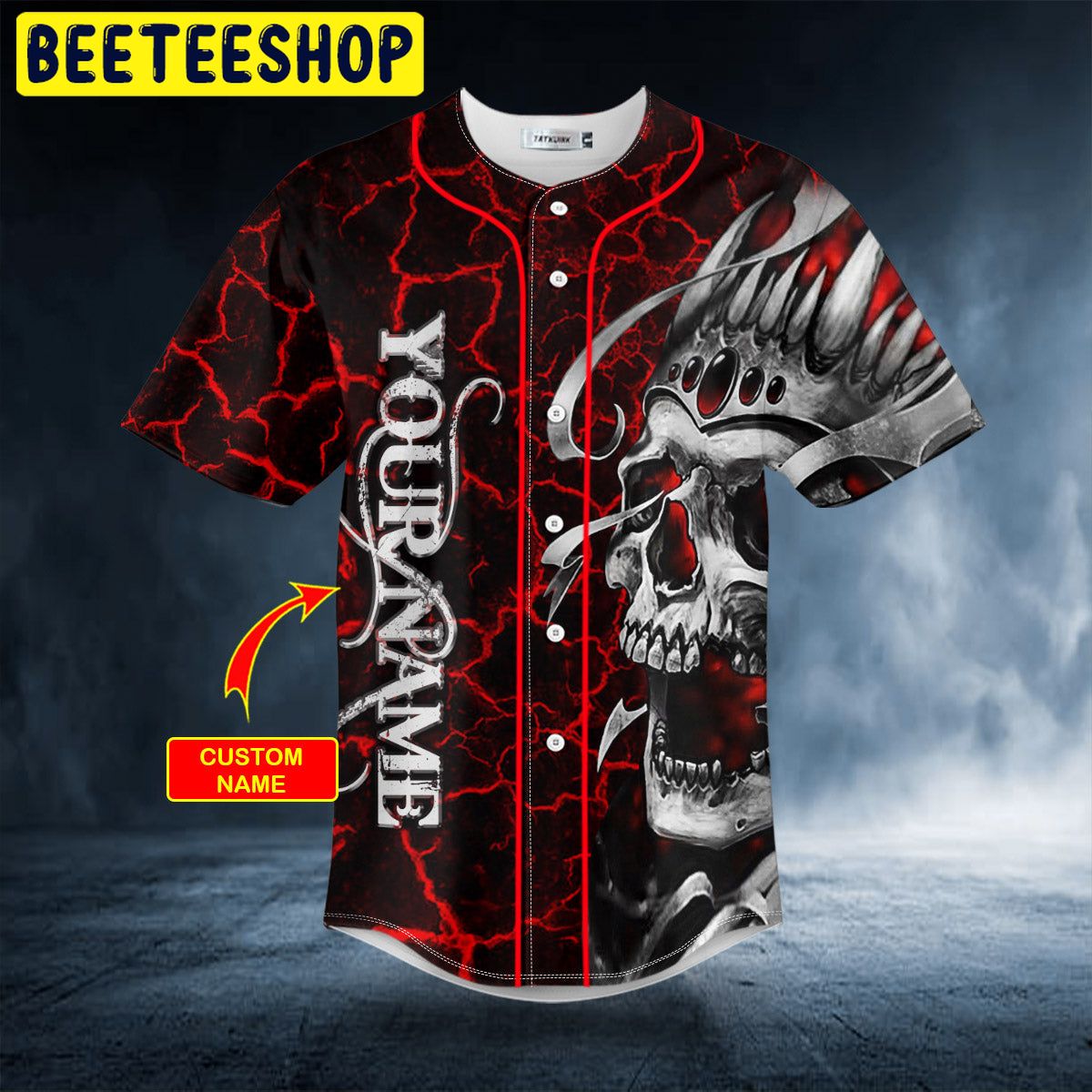 Black Red Dragon King Skull Custom Name All Over Print Baseball Jersey  Shirt - Banantees