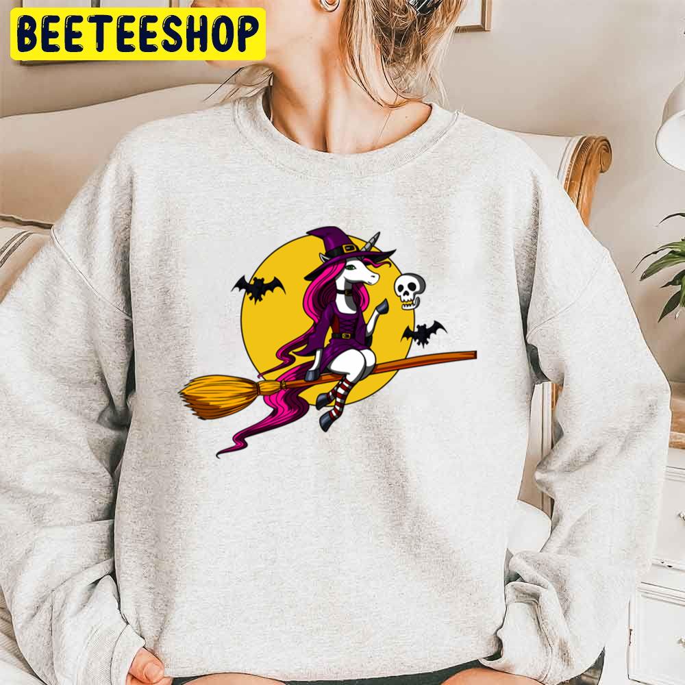 Magical Unicorn Witch Riding A Broom Halloween Unisex Sweatshirt